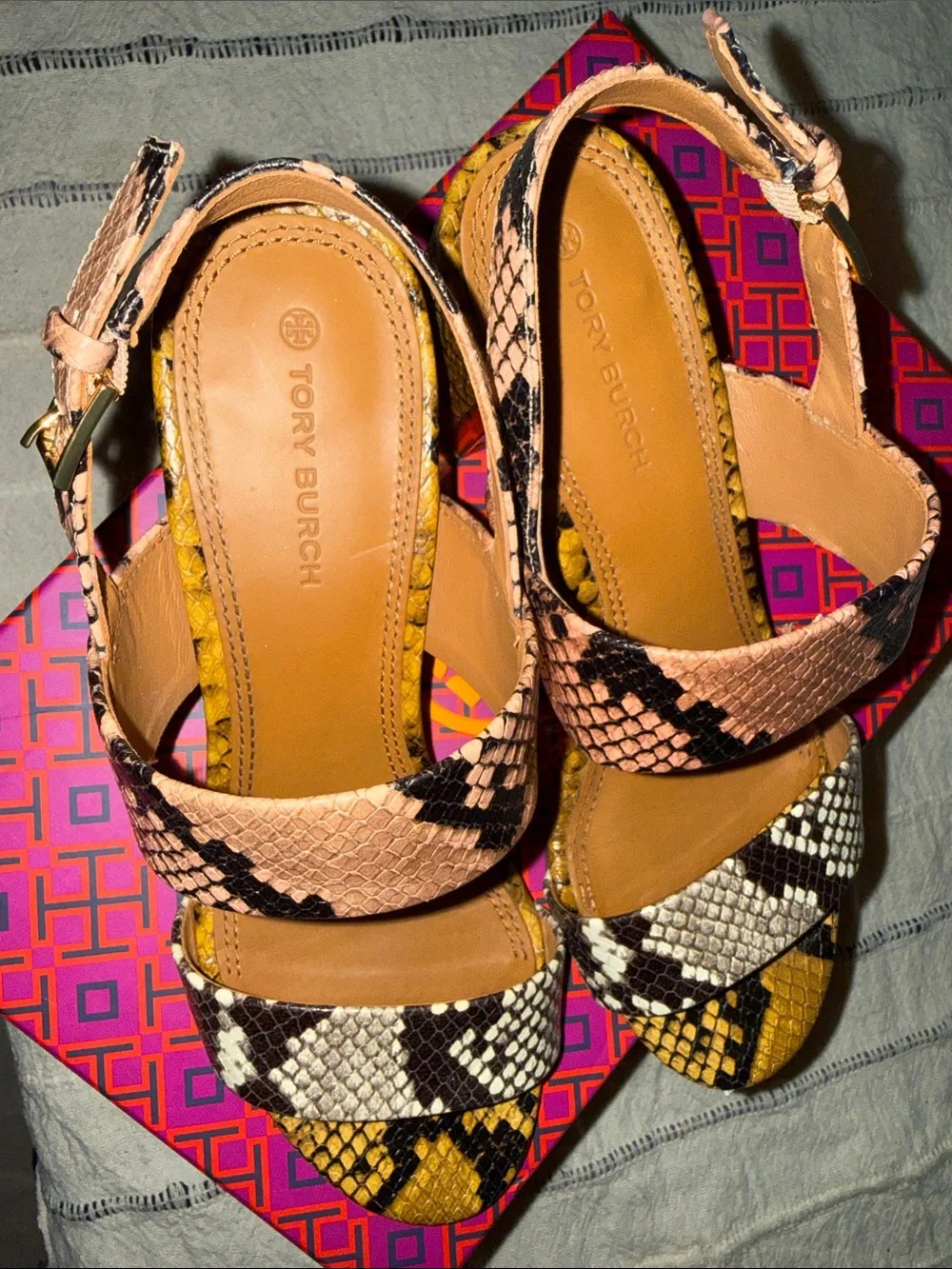 Tory Burch Pink, Yellow & Black Python-Print Block Heel Sandals EUC